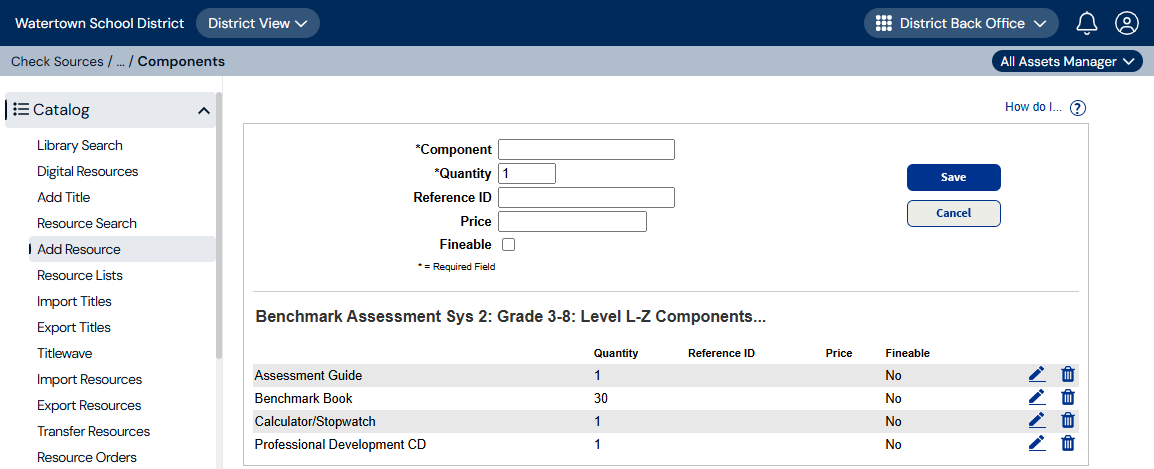 Resource components for a math kit.